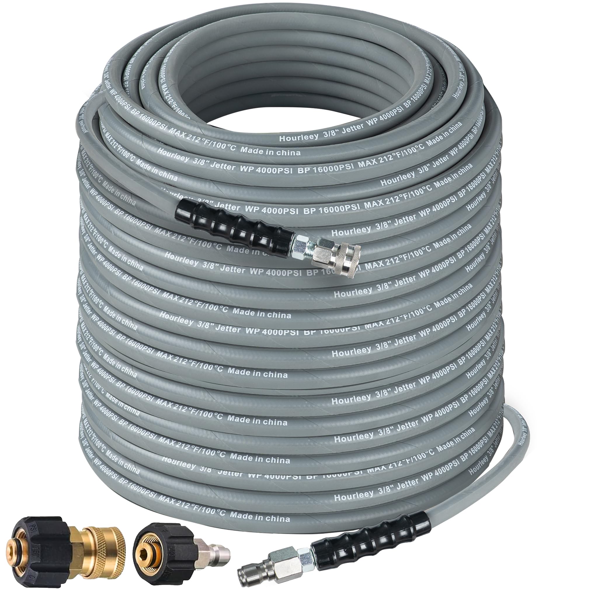 Hourleey front view of 100FT pressure washer hose highlighting length and packaging benefits