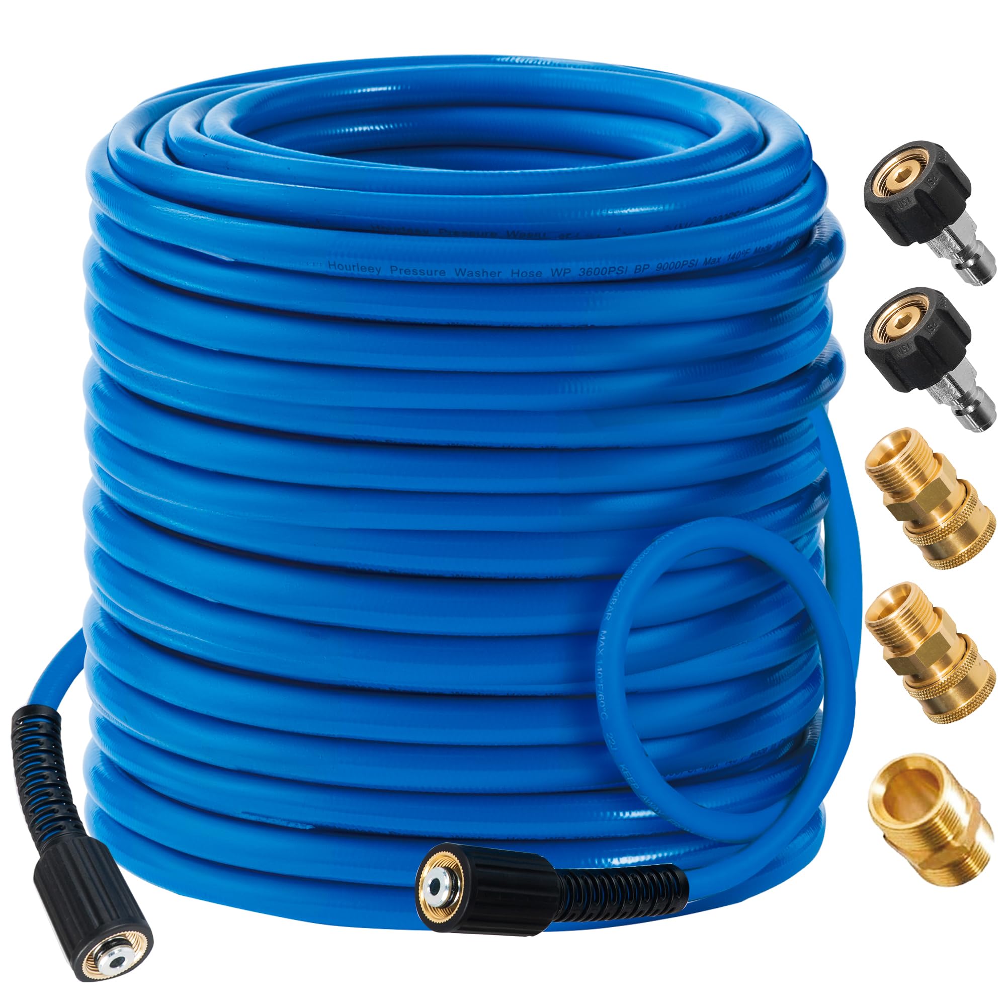 Hourleey front view of 100 ft blue pressure washer hose showing length and color benefits