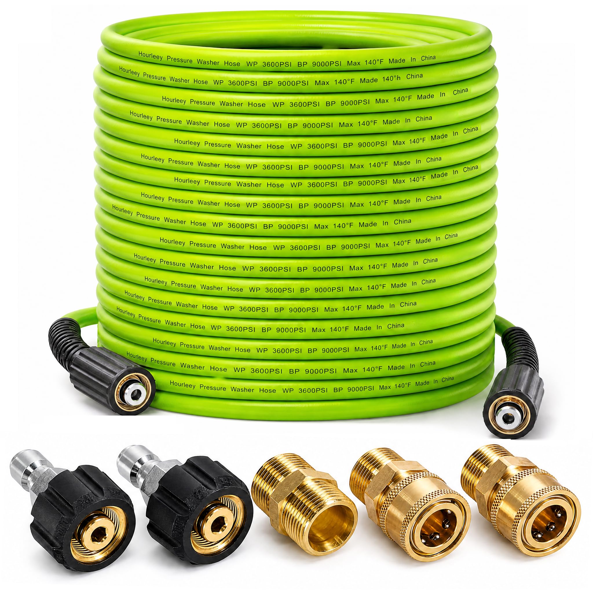 Hourleey front view of 100 ft pressure hose showing full package and benefits
