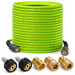 Hourleey front view of 100 ft pressure hose showing full package and benefits