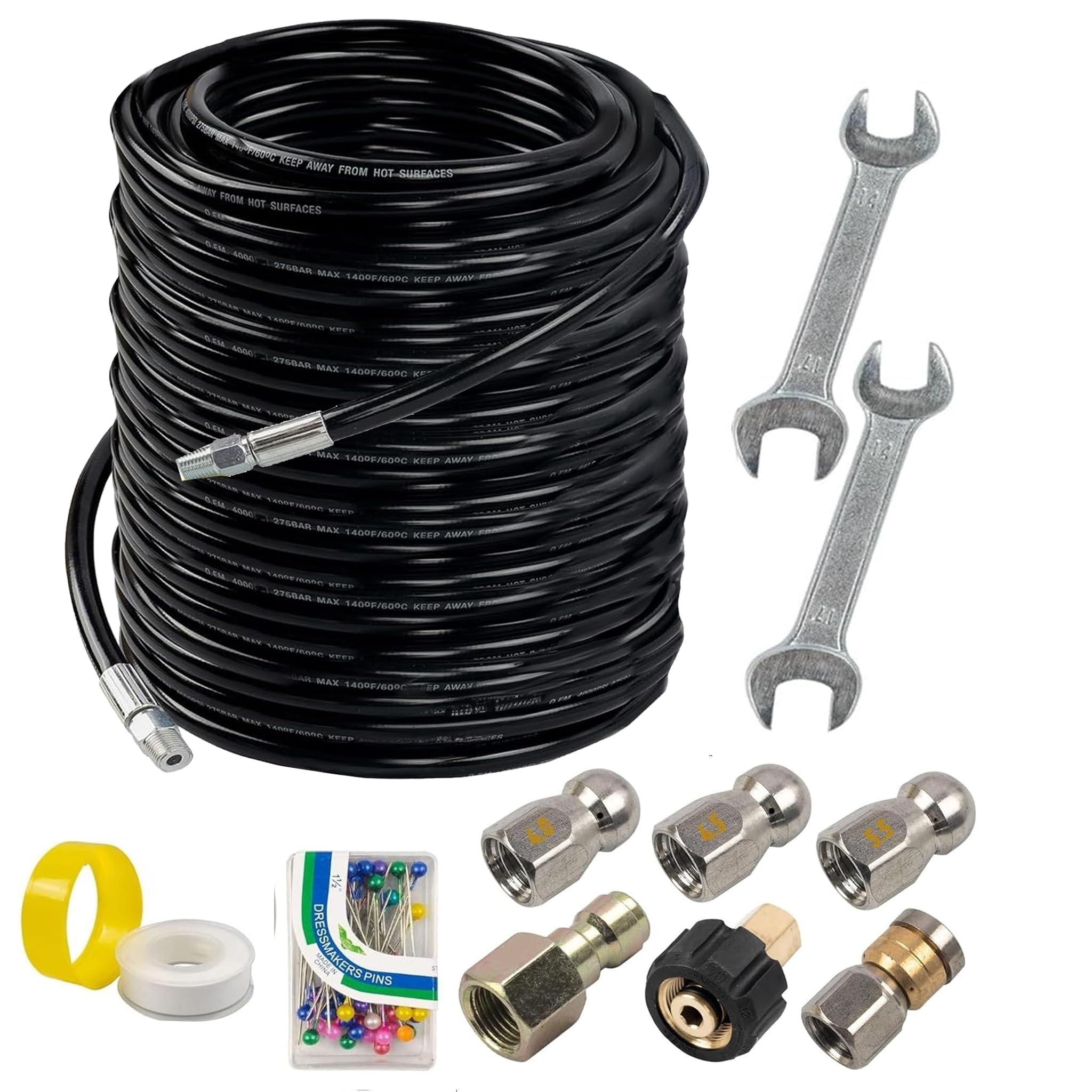 Hourleey front packaging showing 200ft kit and included nozzles for fast setup