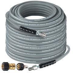 Hourleey front packaging of 50FT pressure washer hose shows full kit and benefit of compatibility