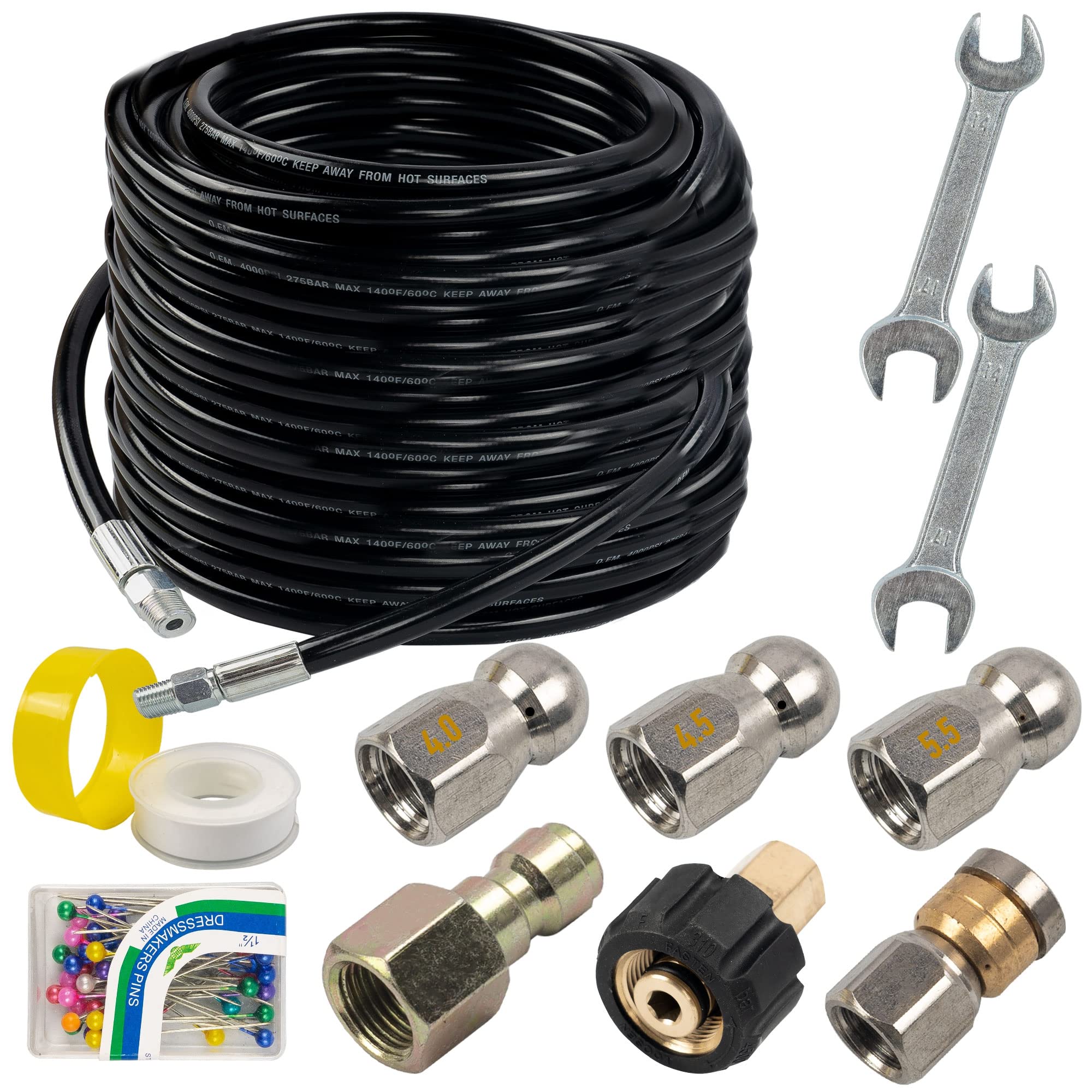Hourleey front packaging showing full sewer jetter kit and benefits