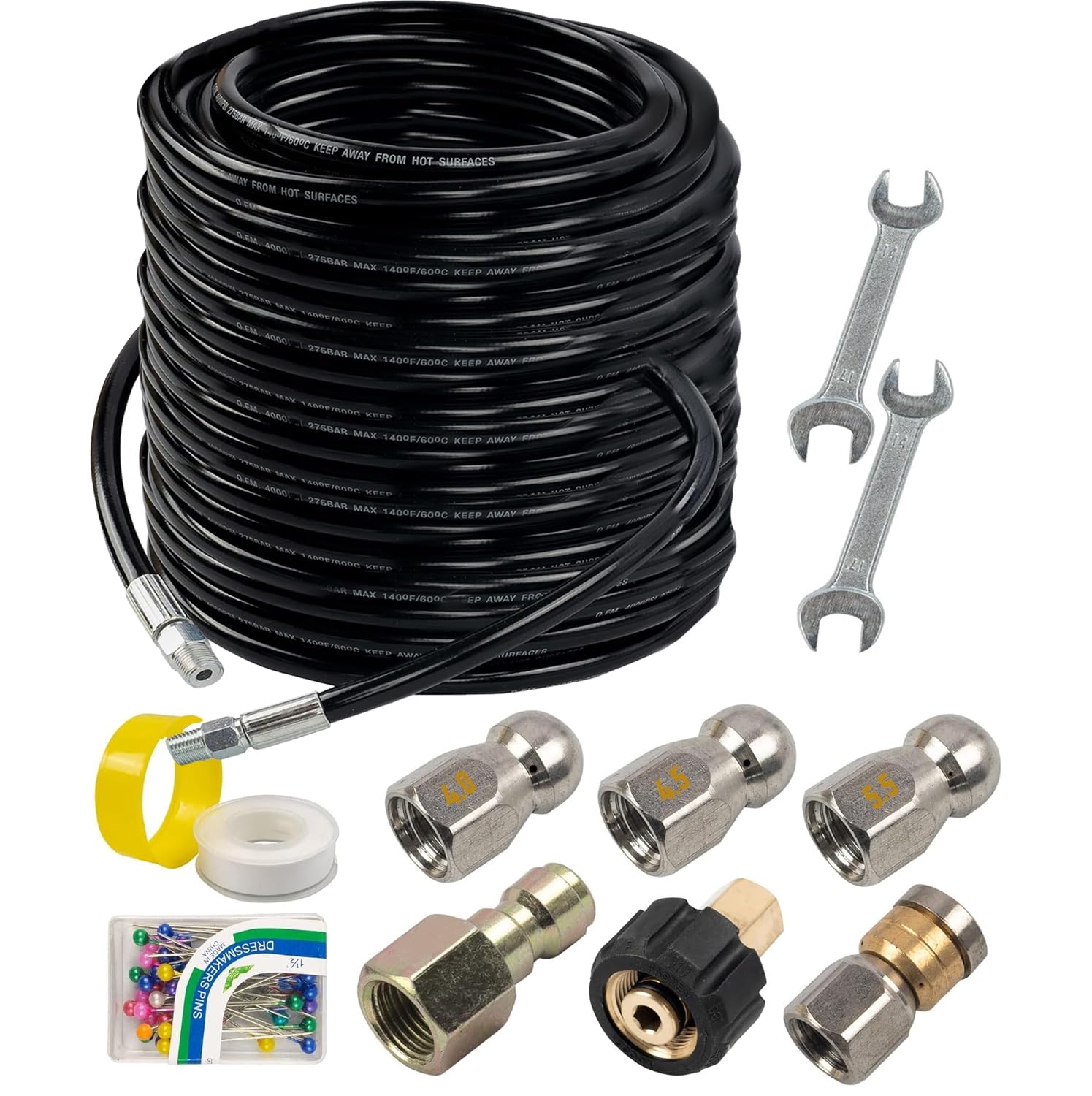 Hourleey front packaging showing complete sewer jetter kit and benefits