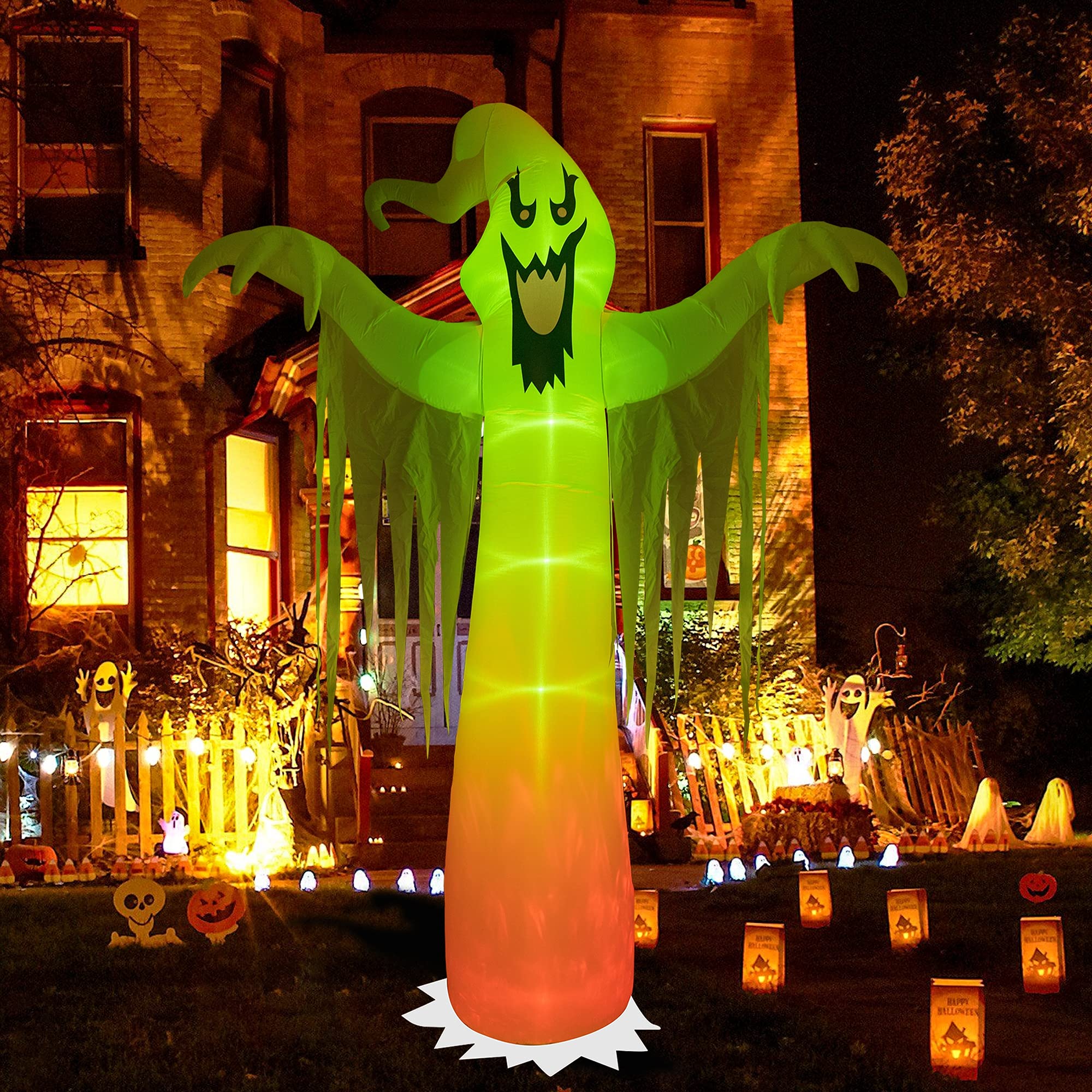 Hourleey inflatable ghost staged on porch and lawn showing festive Halloween atmosphere