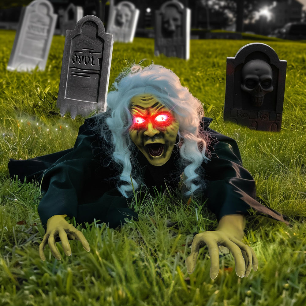 Hourleey prop placed among tombstones creating immersive graveyard atmosphere