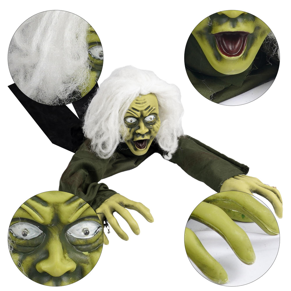 Hourleey animated zombie with lighted eyes glowing for nighttime scares