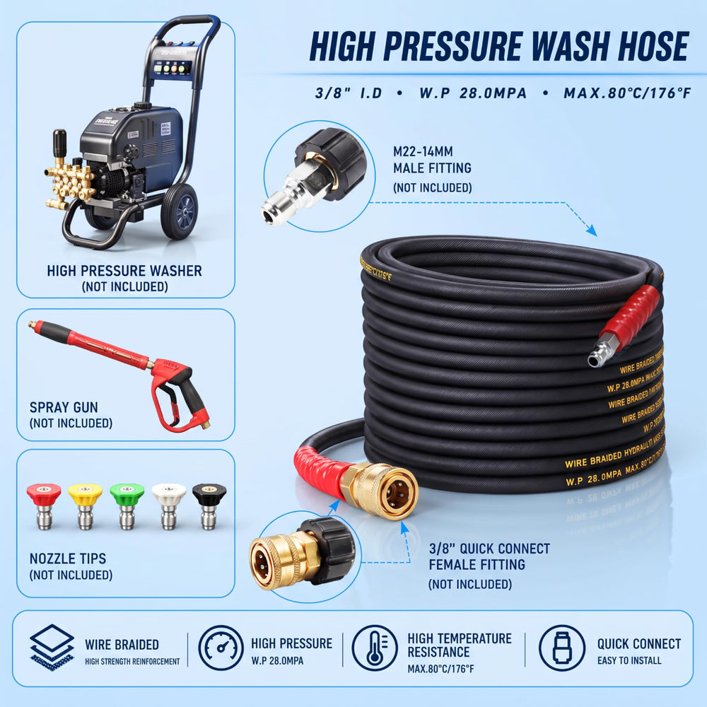 Hourleey hose connected to pressure washer in use enabling easier washing