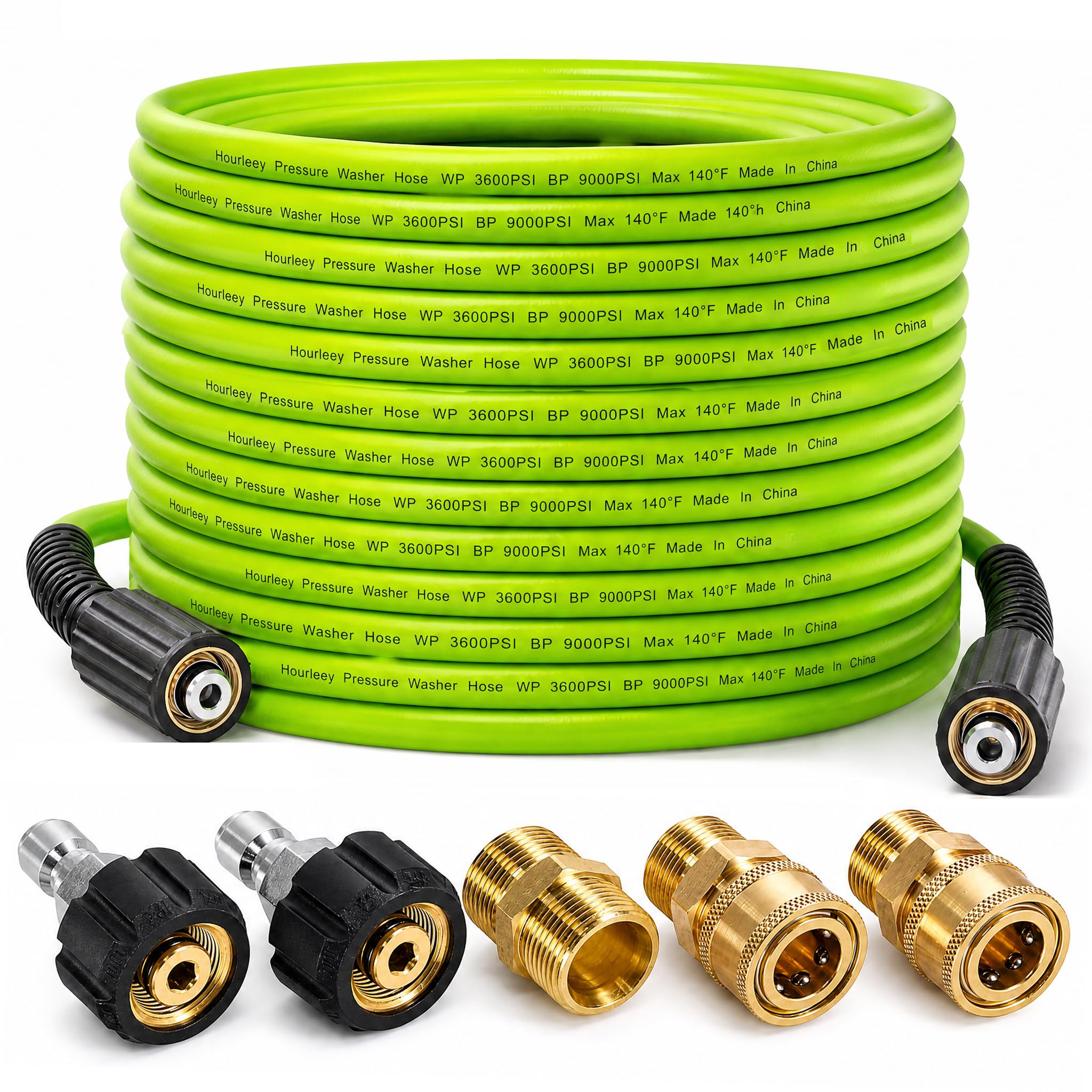 Hourleey hose front packaging showing adapters and benefits