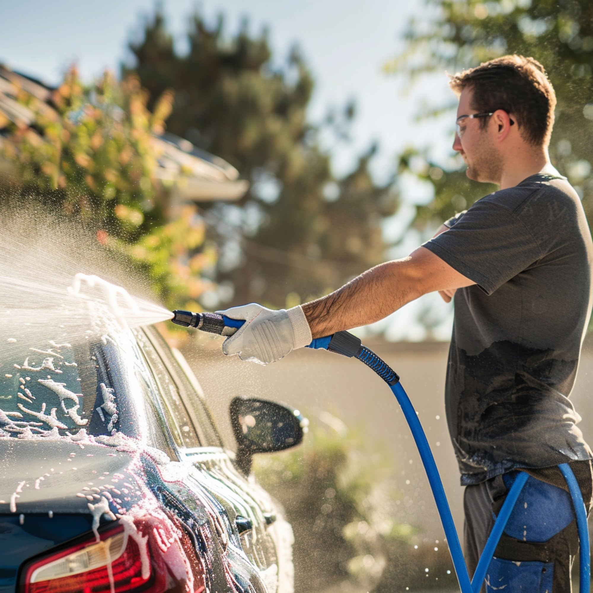 Hourleey hose being used to wash car, saving time with improved maneuverability