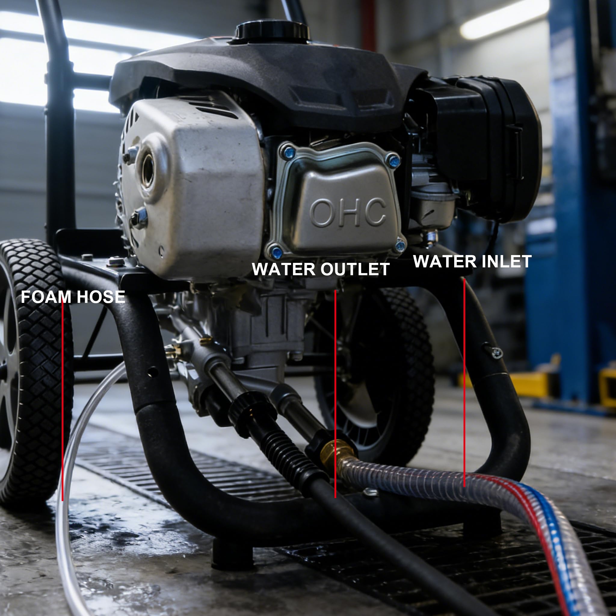 Hourleey pump installed on a gas pressure washer demonstrating easy replacement fitment