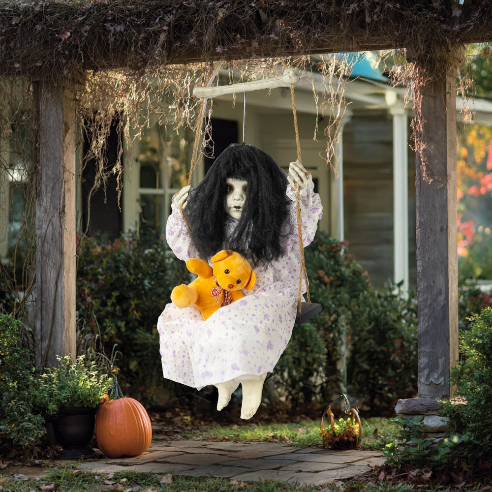 Hourleey on porch in party setting enhancing Halloween atmosphere