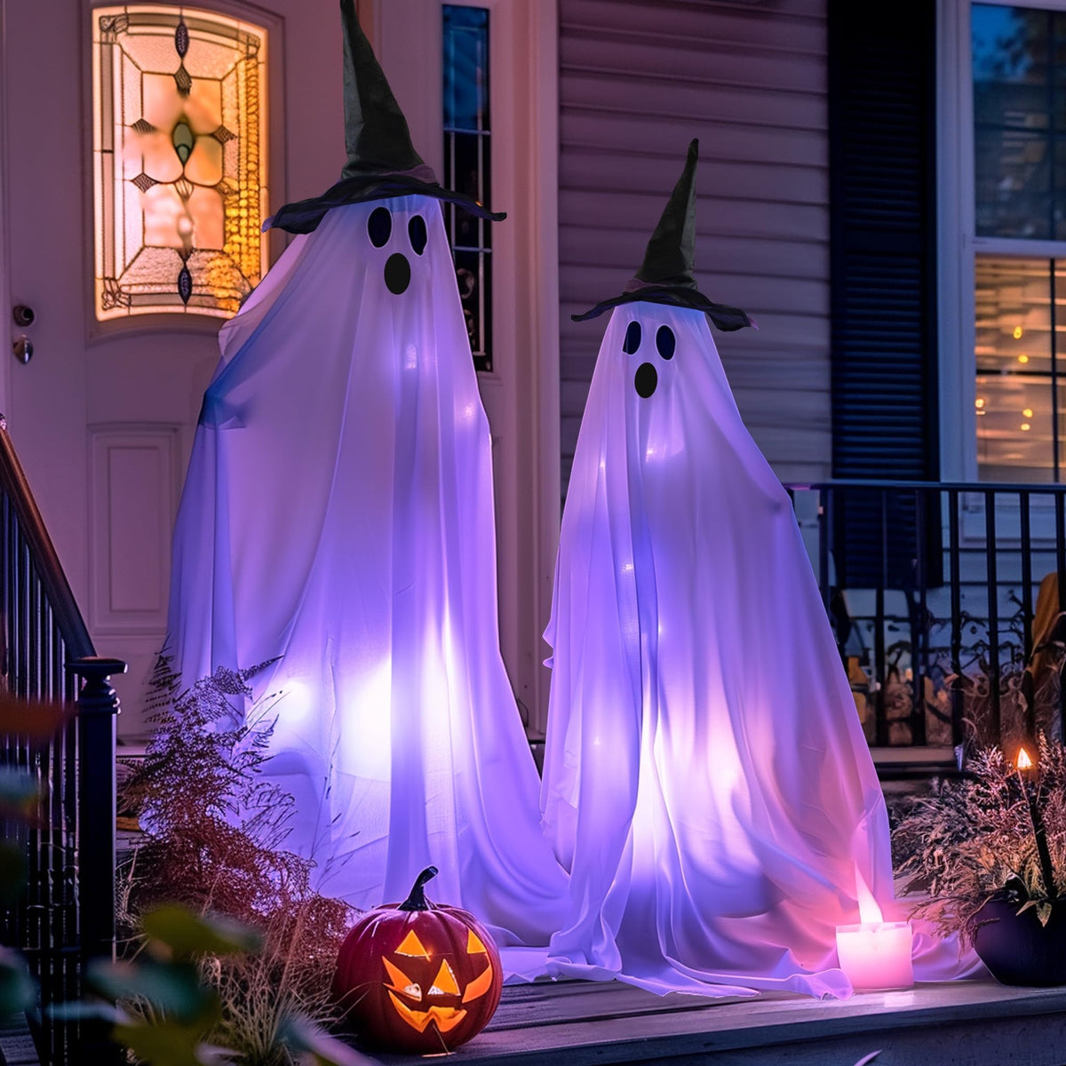 Hourleey standing ghosts front view showing spooky porch accent and curb appeal