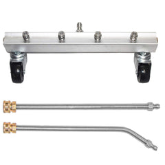 Hourleey front view of 13-inch undercarriage cleaner showing bar and nozzles for efficient rinsing