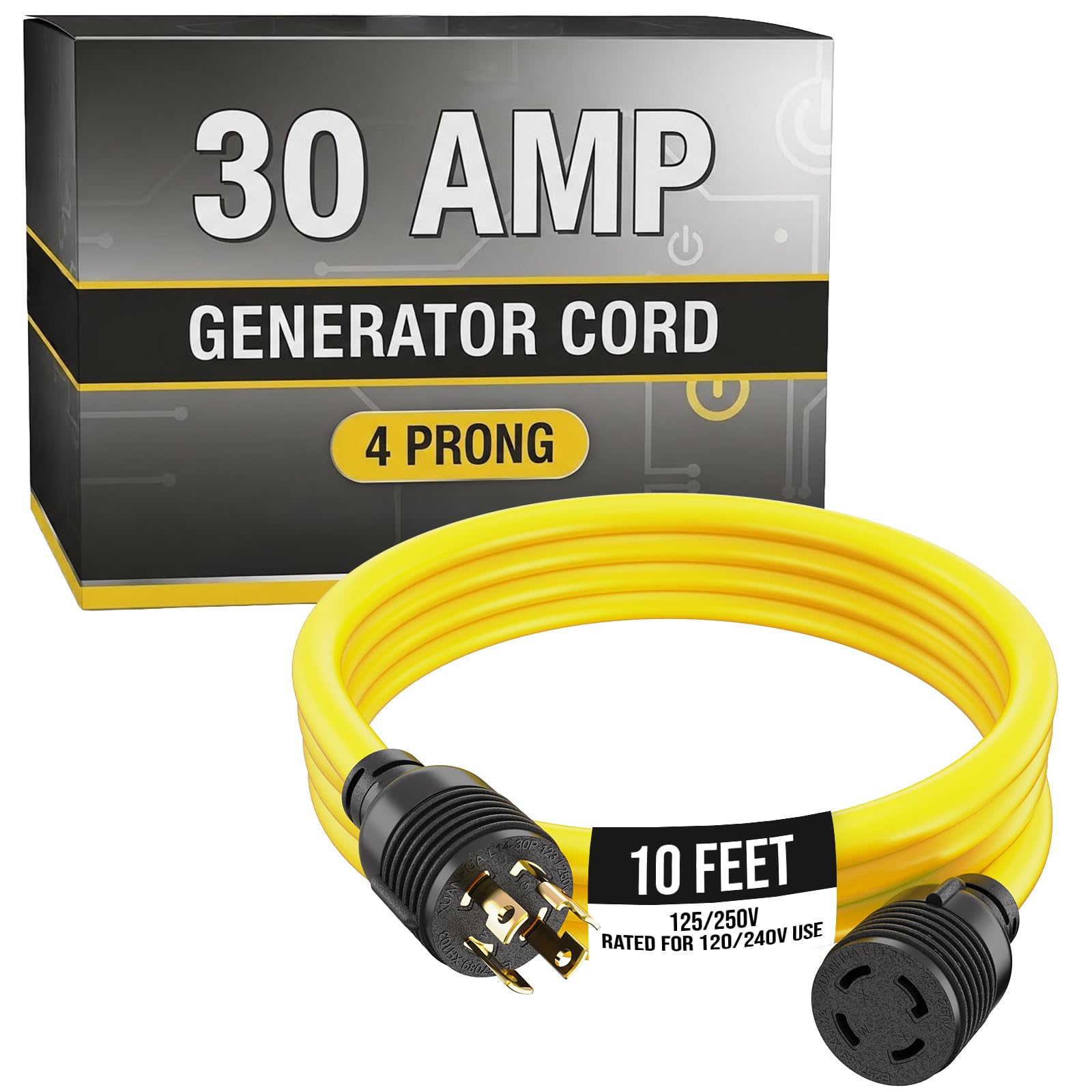Houseables front view of 10ft 30A generator cord showing visibility and durability