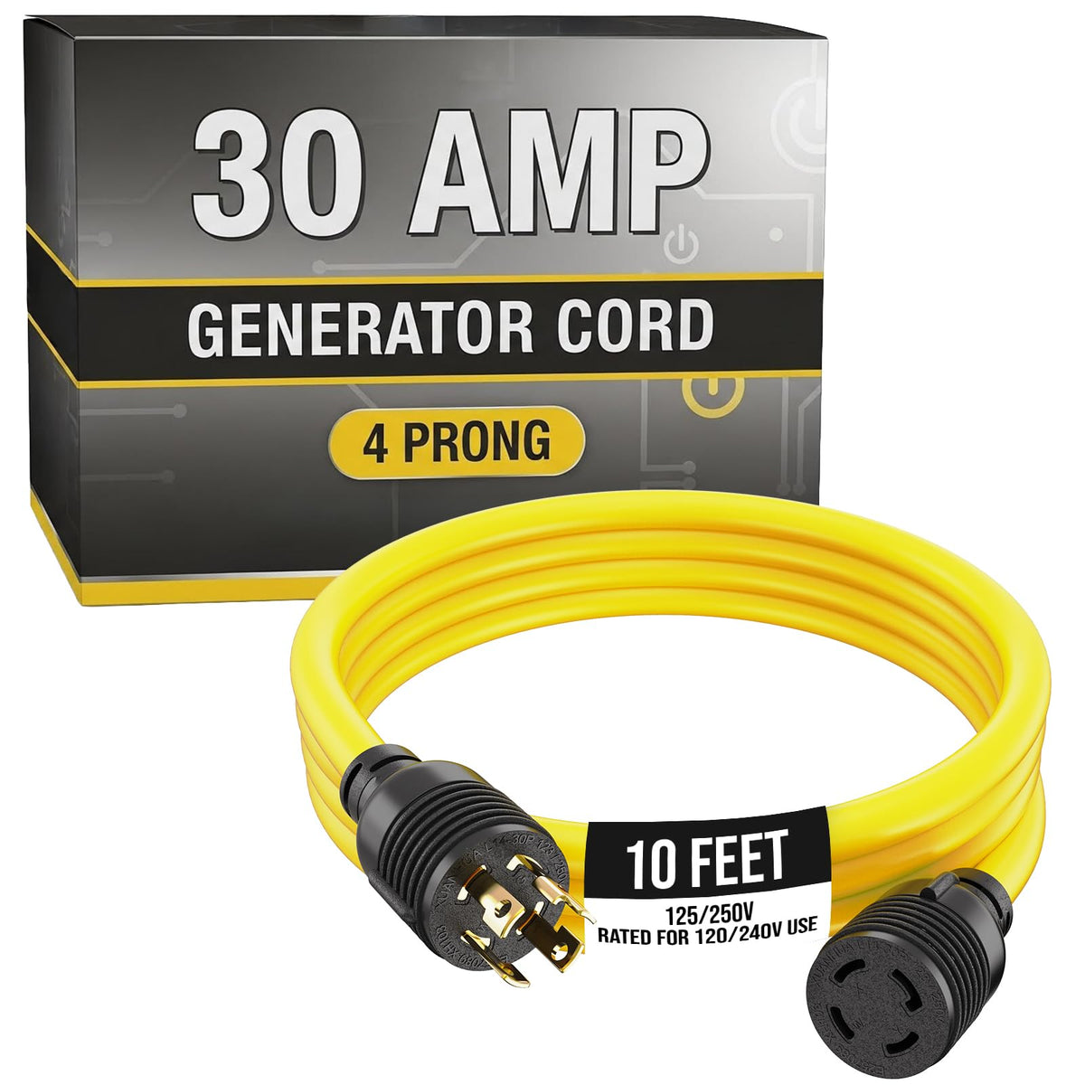 Houseables front view of 10ft 30A generator cord showing visibility and durability