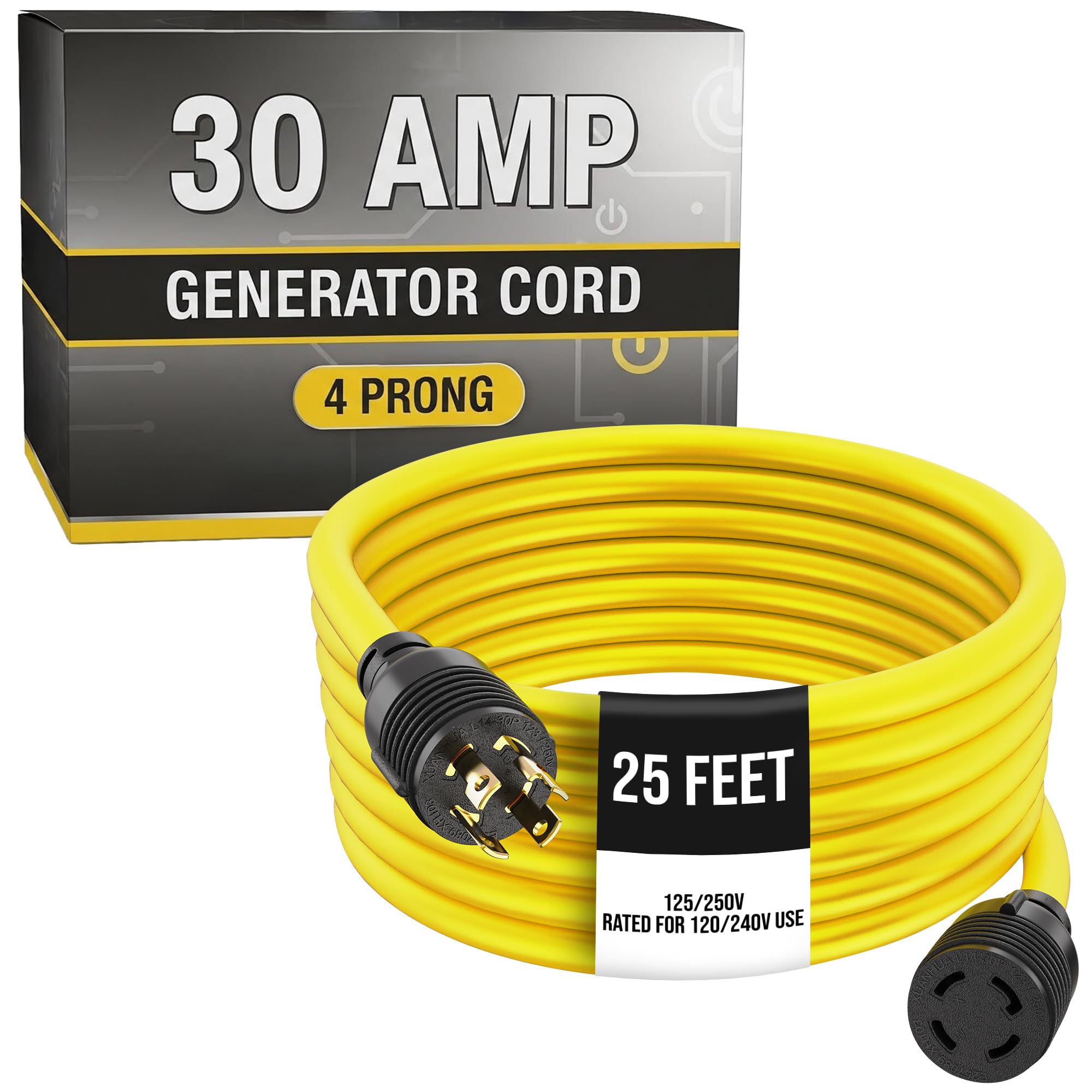 Houseables generator cord front view showing yellow jacket and molded ends for visibility