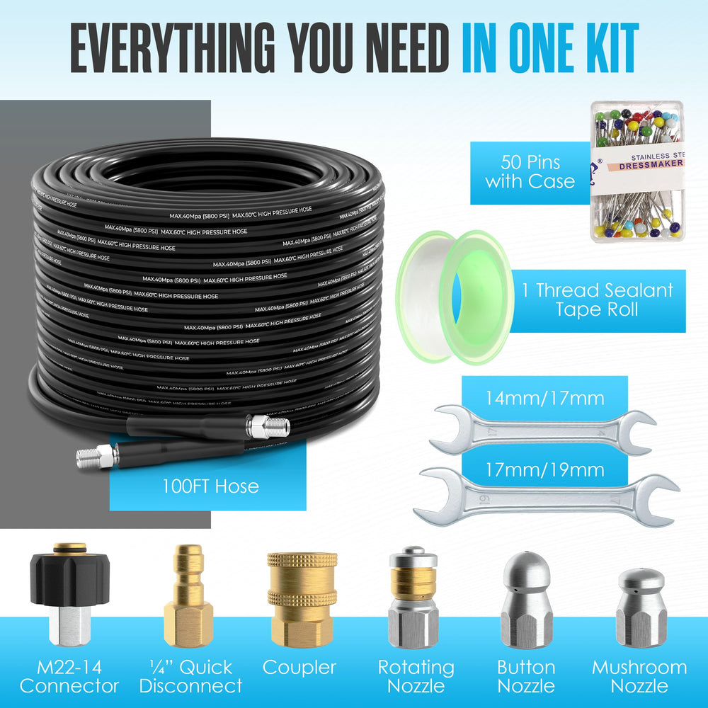 Houseables hydro jetter 100 ft hose stretched demonstrating long reach