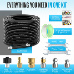 Houseables hydro jetter 100 ft hose stretched demonstrating long reach