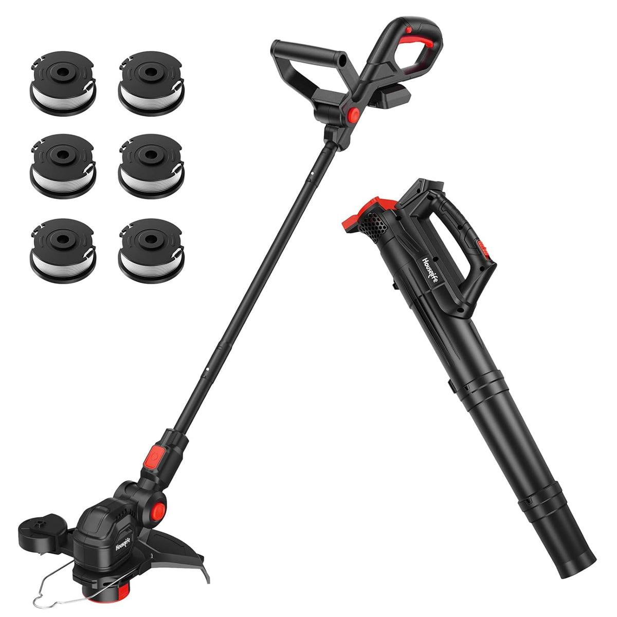 Houselife combo front angle showing trimmer and blower, highlighting compact storage benefit