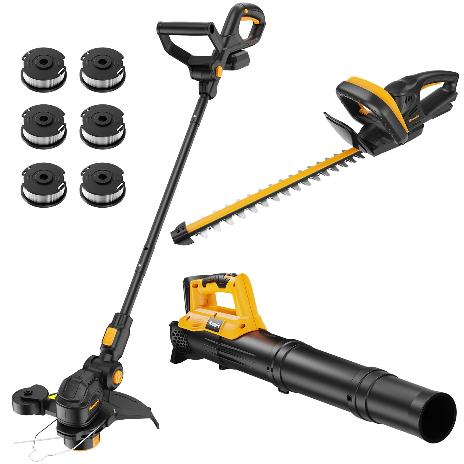 Houselife powerhead and three attachments showing compact modular yard system benefits