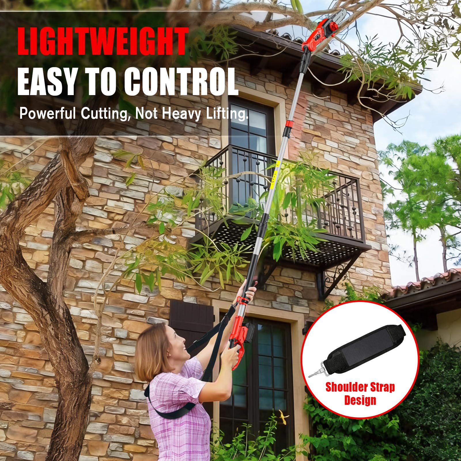 Houselife pole saw in use overhead pruning demonstrating balance and ladder-free reach