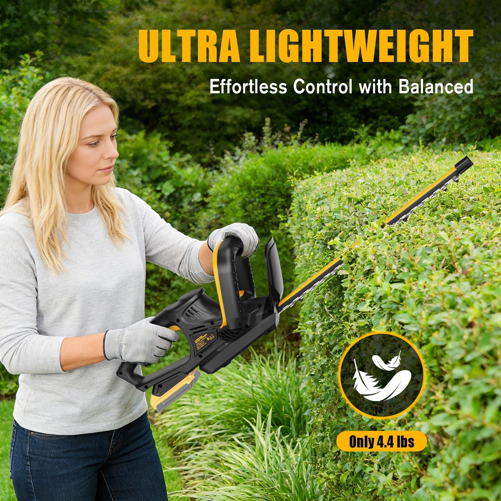 Houselife trimmer held in hand showing lightweight 4.4 lb design for less fatigue