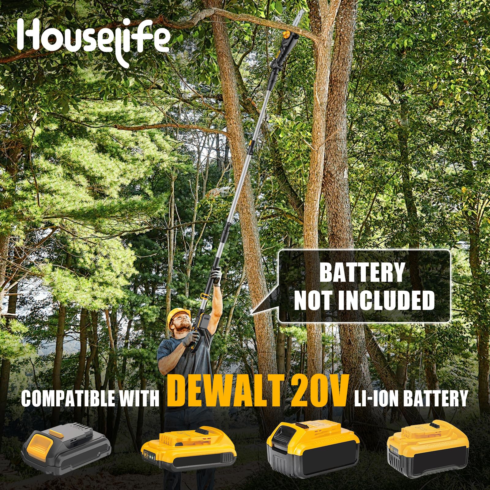 Houselife telescoping pole extended to maximum reach, safe ground-level pruning benefit