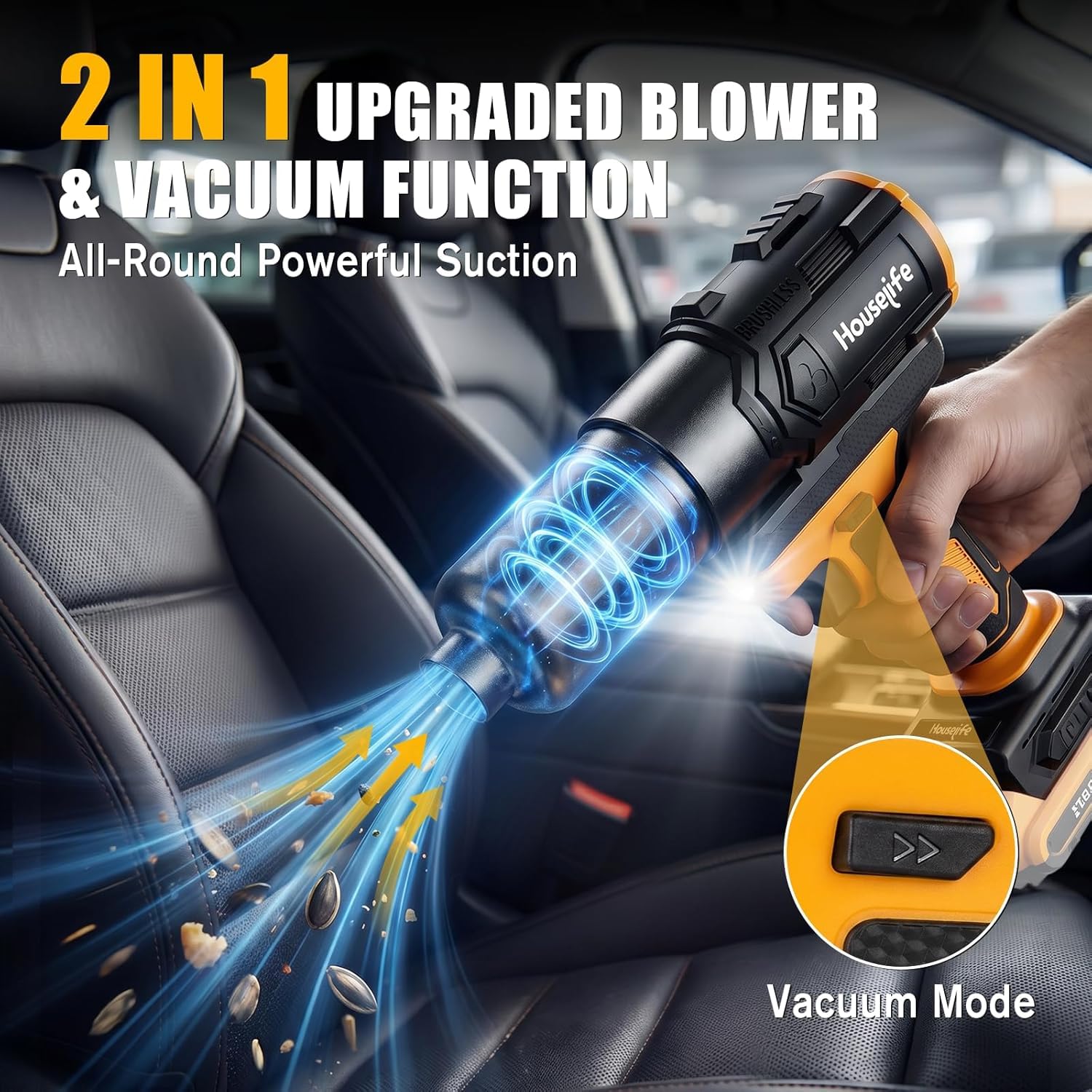 Houselife vacuuming crumbs from a car seat for tidy interior cleaning