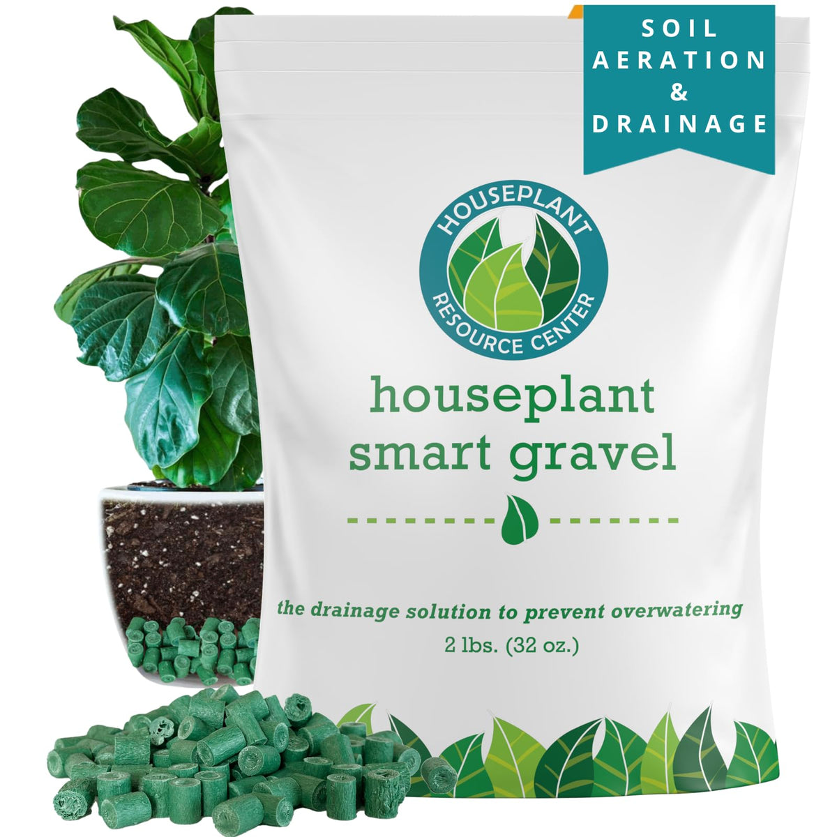 houseplant resource center front packaging showing 32 oz bag and branding, clear benefit of sustainable drainage