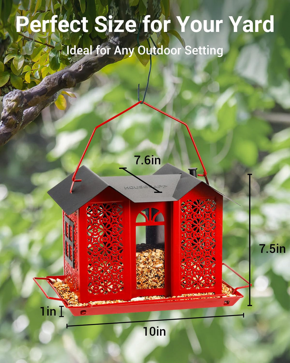 HouseSapp feeder hanging in garden attracting birds and enhancing yard enjoyment benefit