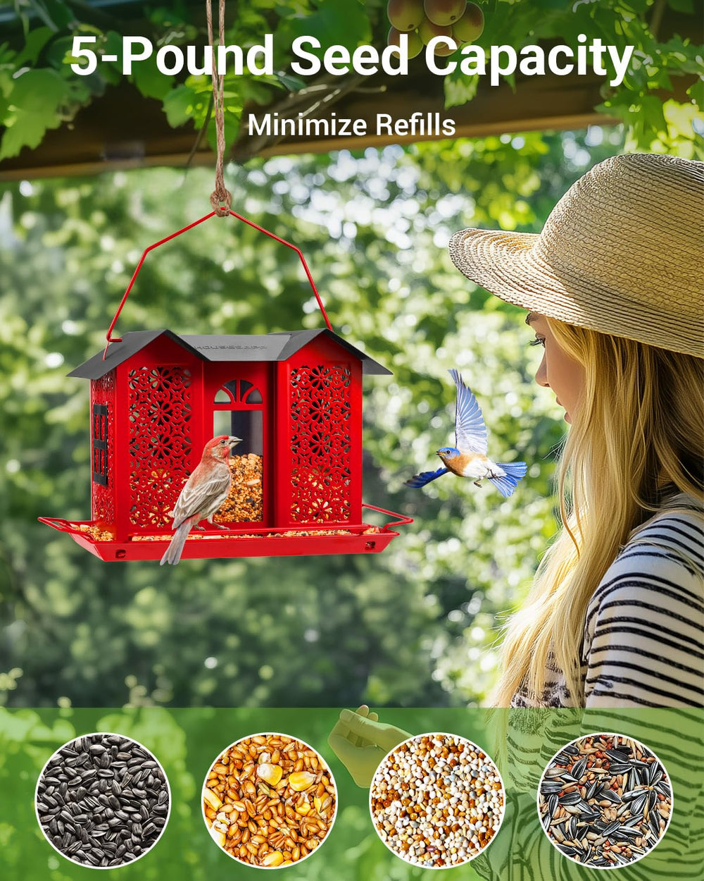 HouseSapp feeder with top open showing three compartments for varied seed benefit
