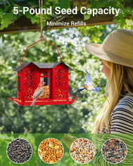 HouseSapp feeder with top open showing three compartments for varied seed benefit