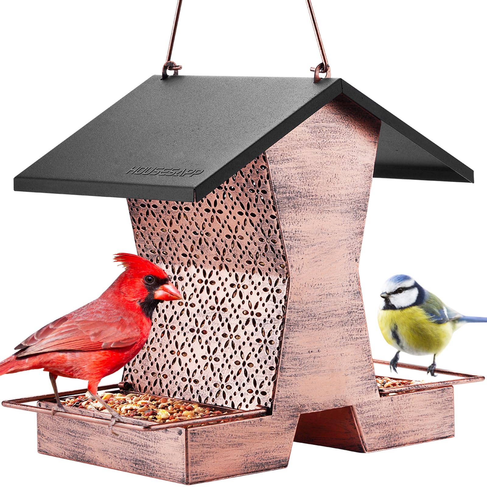 HouseSapp front view of metal house-shaped feeder shows durable design and easy access