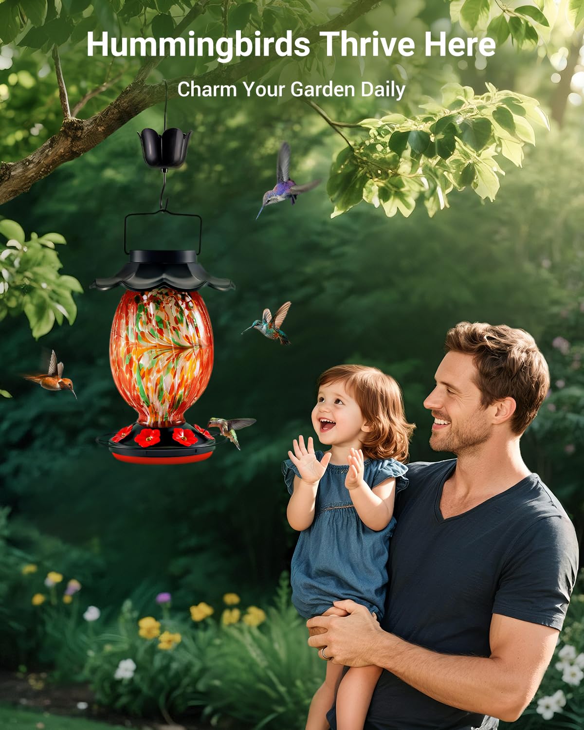 HouseSapp feeder in use with hummingbird feeding, attracting more birds