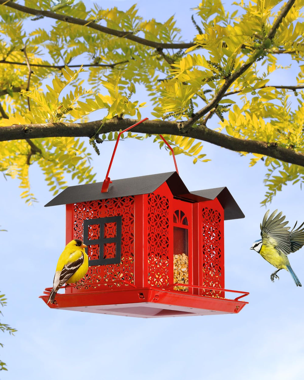 HouseSapp feeder hanging next to scale object showing size and easy placement benefit