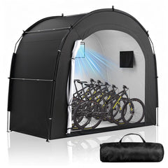 Housolution front view showing full covered bikes and protected storage