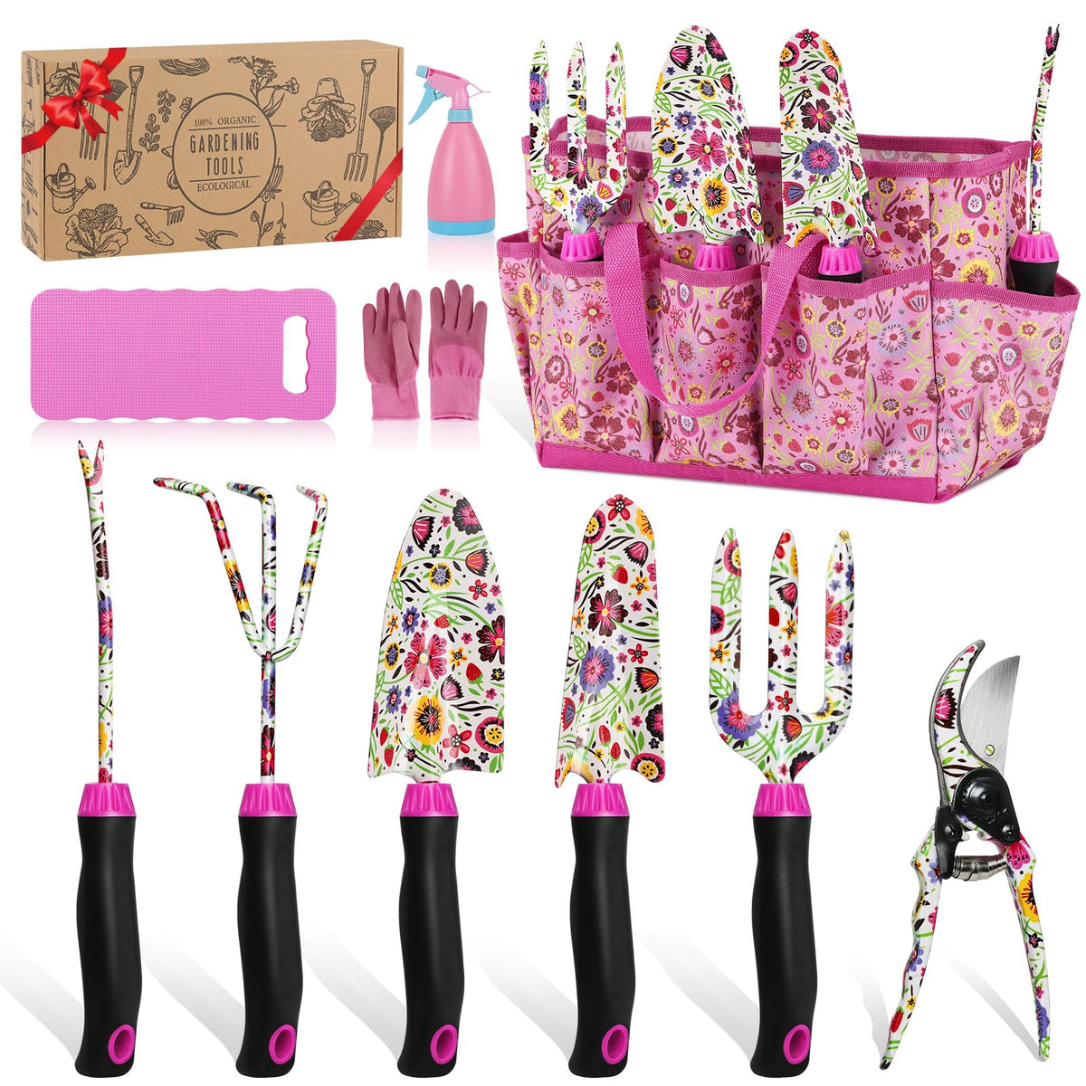 Housolution front view of full 10-piece pink gardening set, ideal organization