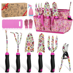 Housolution front view of full 10-piece pink gardening set, ideal organization