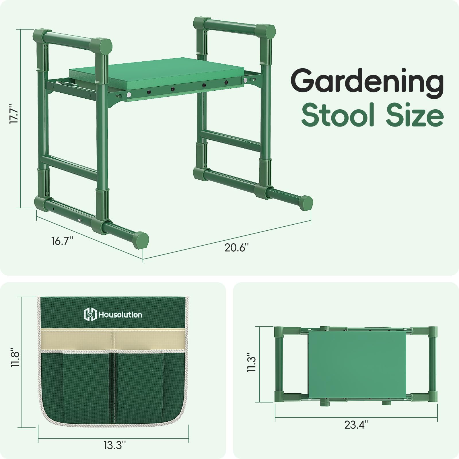 Housolution gardener using stool in flowerbed reducing strain