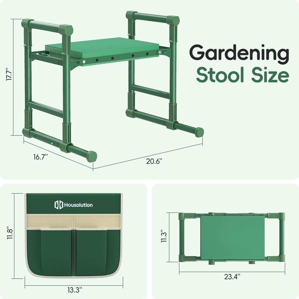 Housolution gardener using stool in flowerbed reducing strain