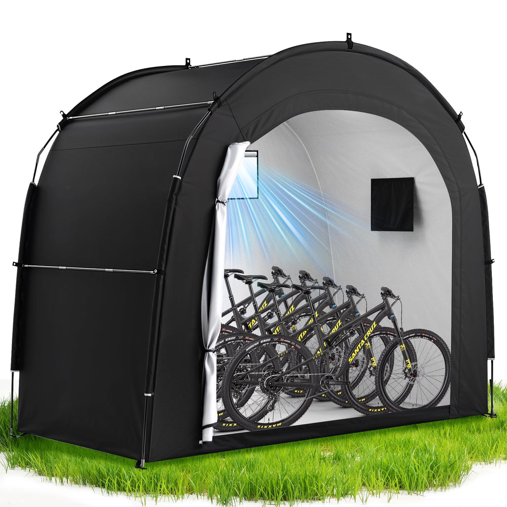Housolution backyard setup showing convenient outdoor bike protection