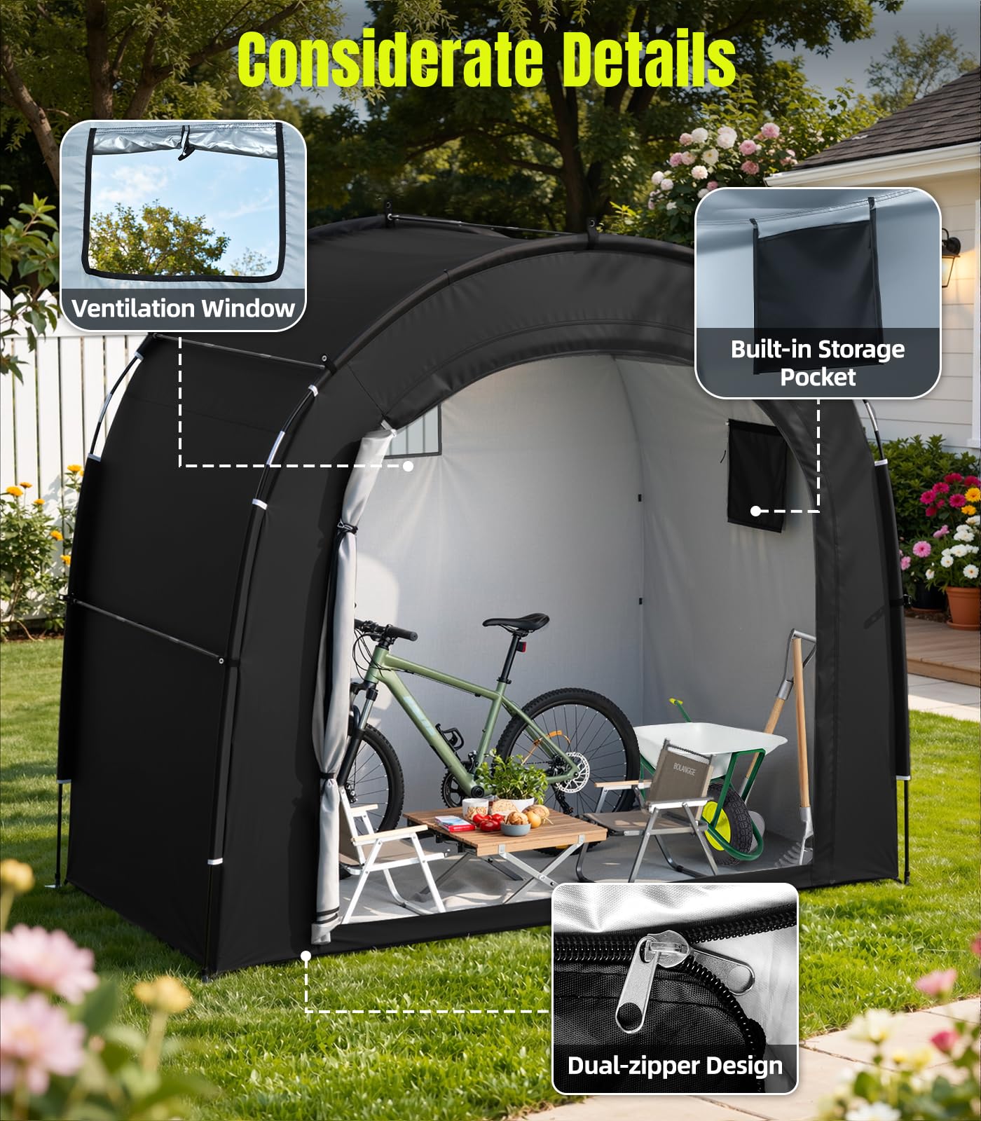 Housolution ventilation window and pocket keeping gear dry and organized