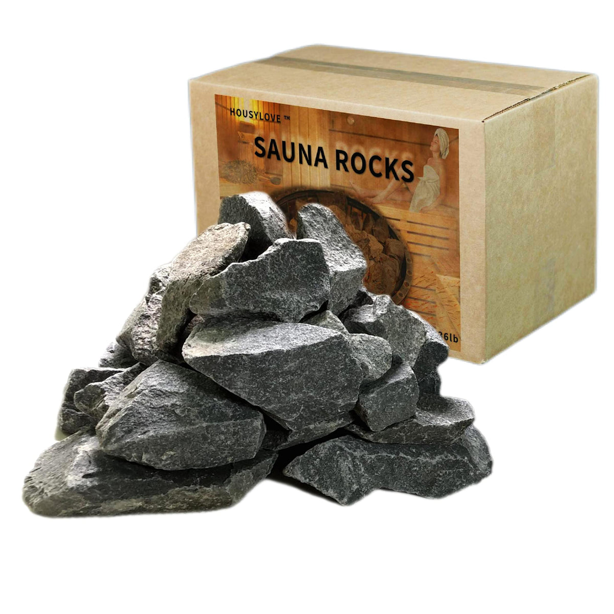 HOUSYLOVE front view of 36 lb bag of volcanic sauna rocks, ready for heater use