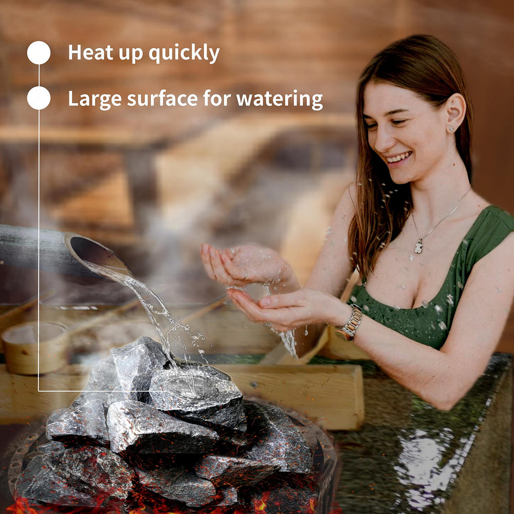 HOUSYLOVE stones placed in sauna heater illustrating correct packing for airflow