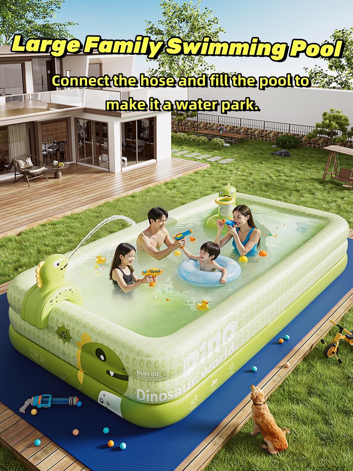 Houtclort inflatable water spray gun attached to hose demonstrating extra splash play