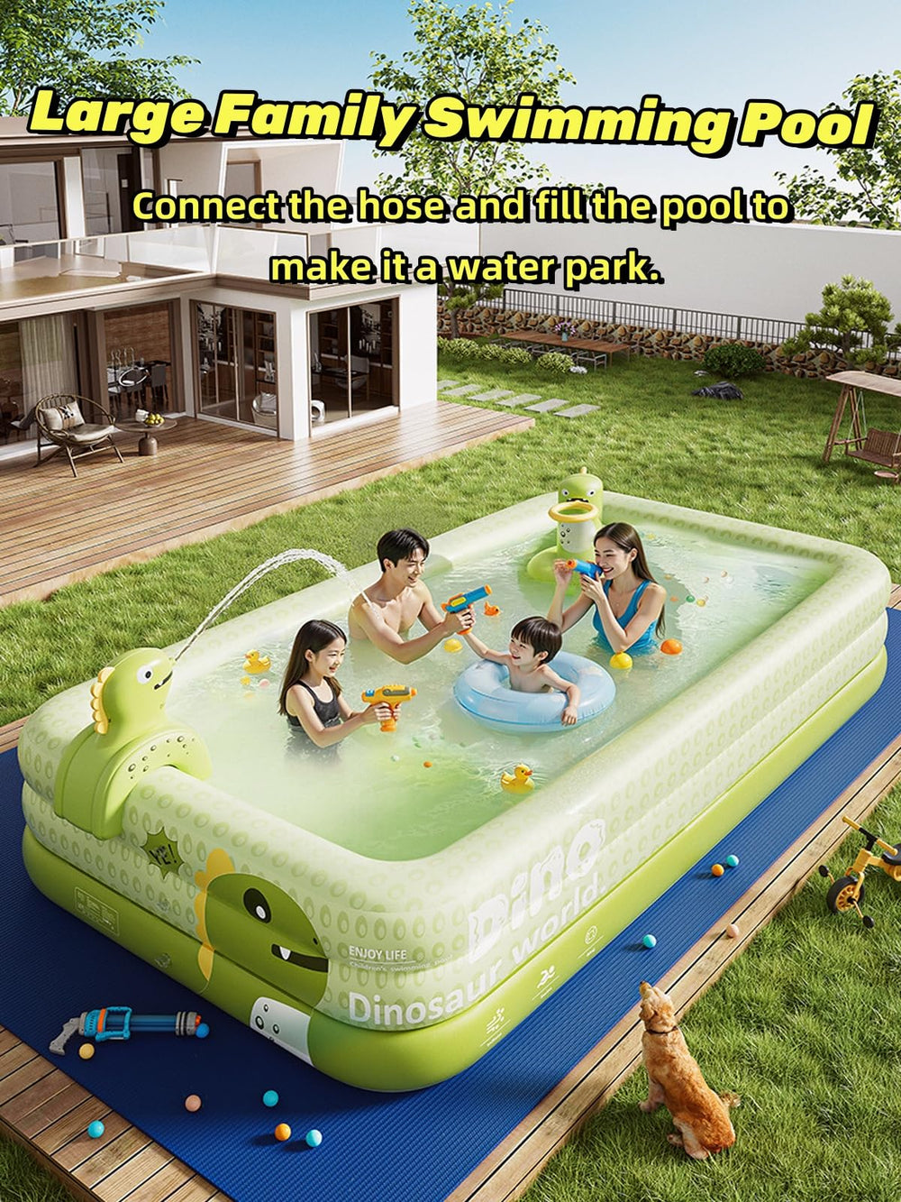 Houtclort inflatable water spray gun attached to hose demonstrating extra splash play