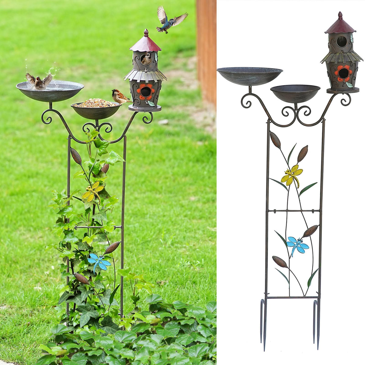 HOUYANG front view of 4-in-1 bird bath and trellis, enhances garden appeal