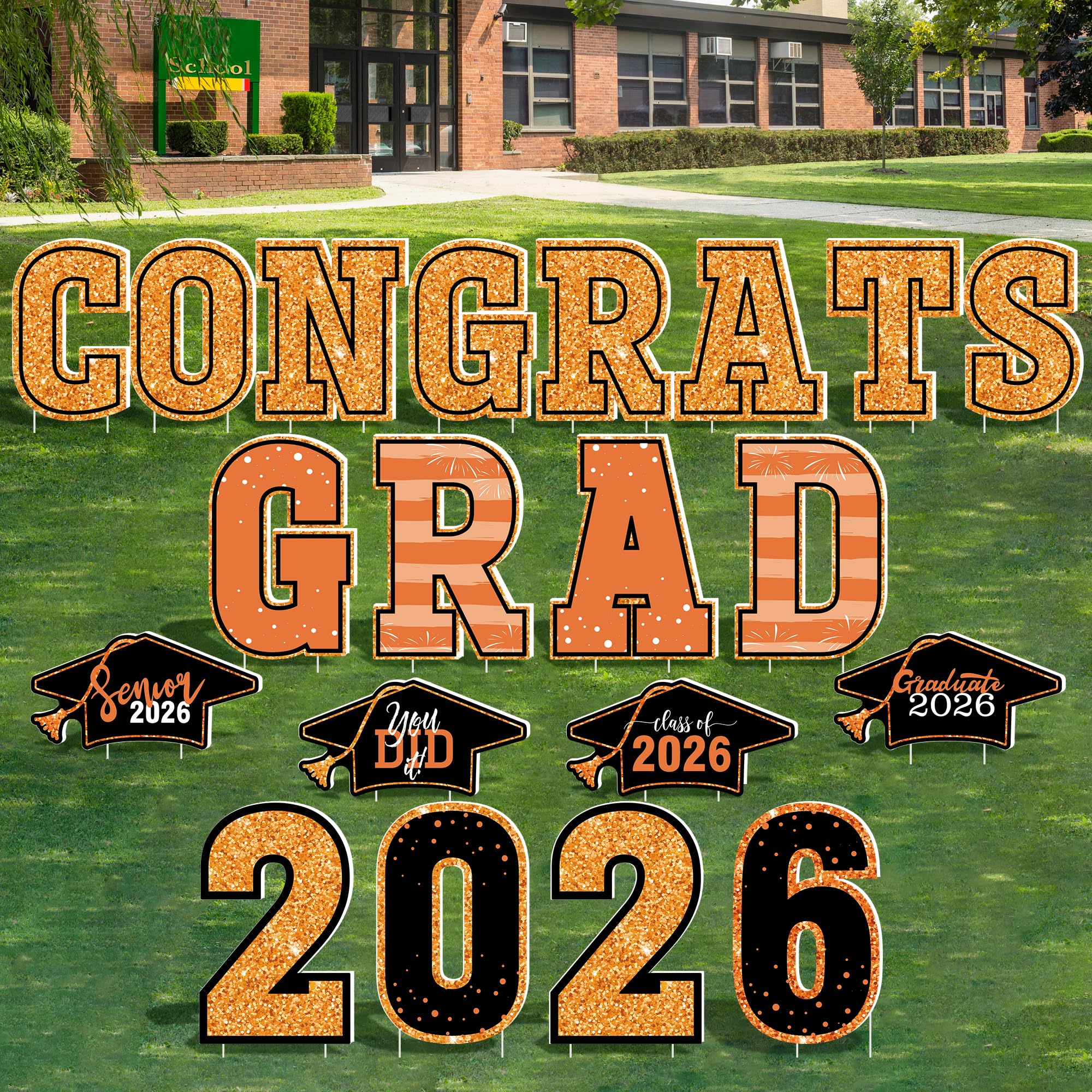 HOVACY front display of orange graduation signs showing curb appeal and bold celebration