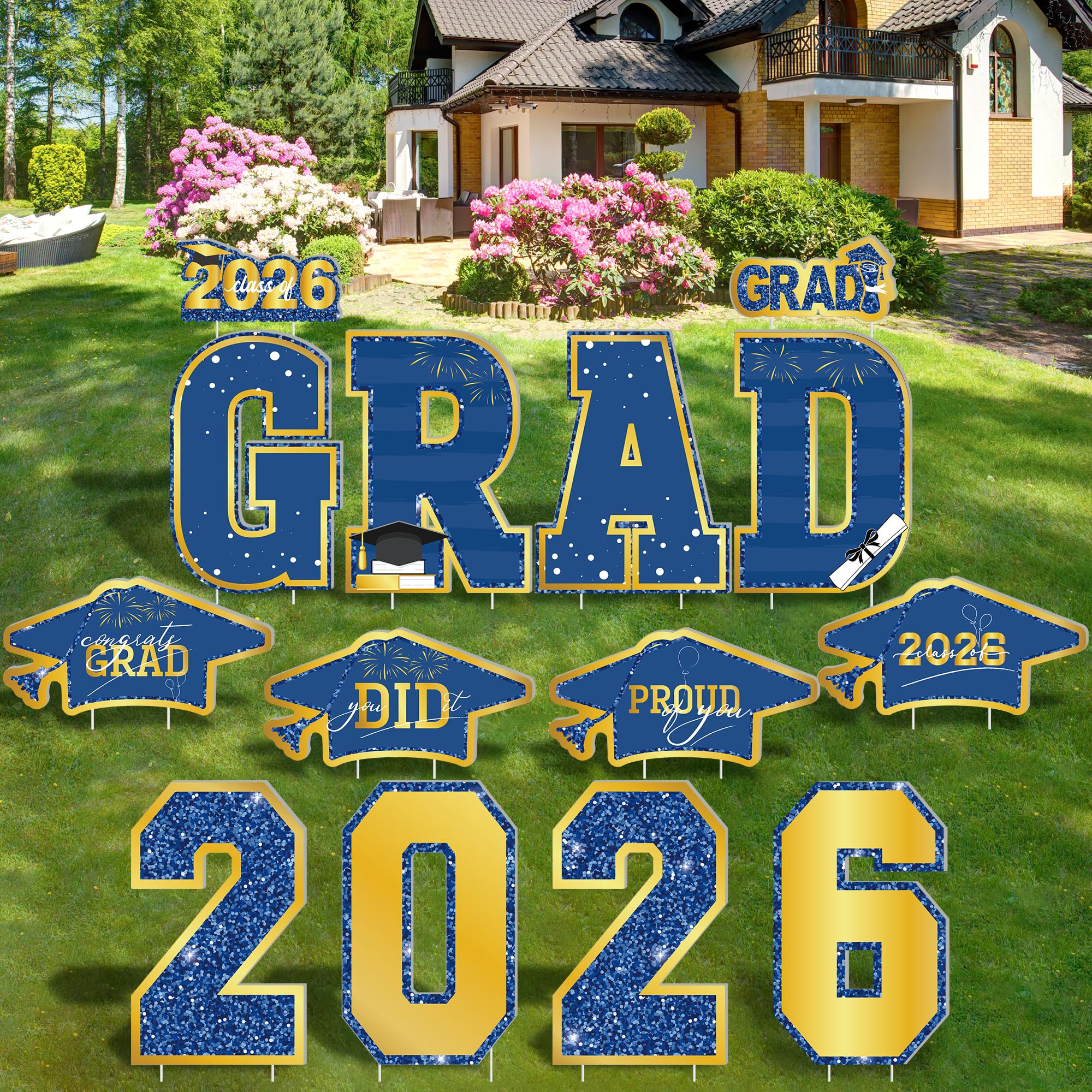 HOVACY front packaging showing blue gold grad set and included stakes for easy celebration